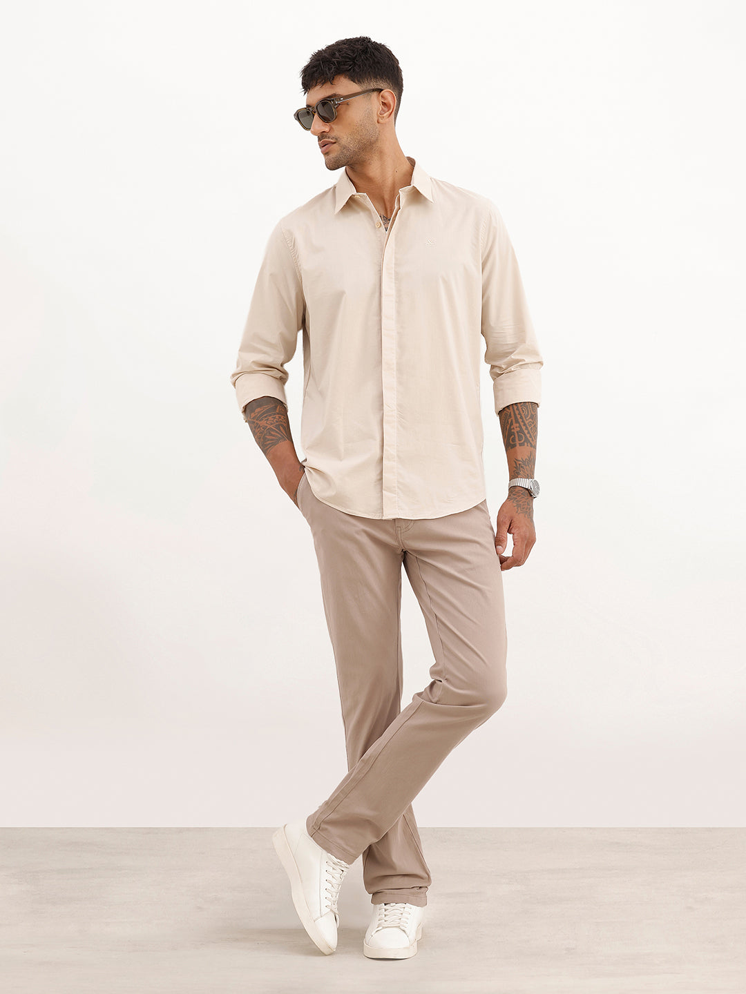 Solid Slim Fit Double Pocket Shirt | Beige | WSH01FSSL7082W