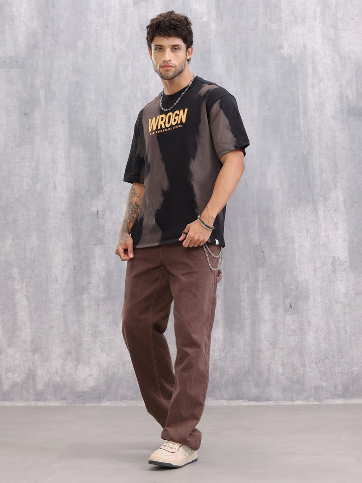 Black & Brown Tie-Dye Graphic T-Shirt With Bold Wrogn Print | Black