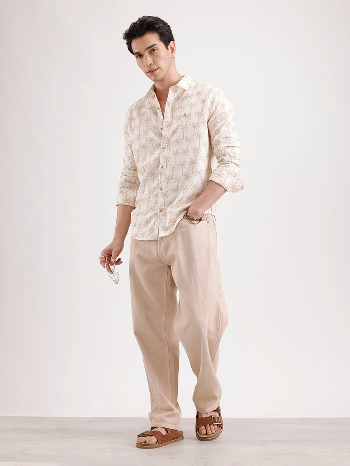 Slim Fit AOP Linen Blend Shirt  | Off White