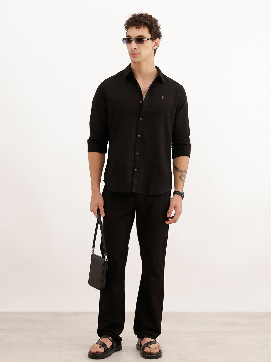 Solid Linen Blend Slim Fit Shirt | Black