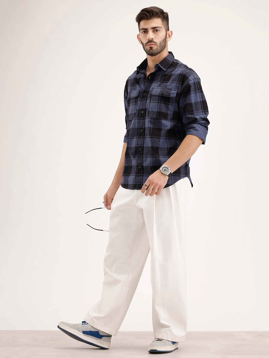 Oversized Checkered Double Pocket Shirt | Blue