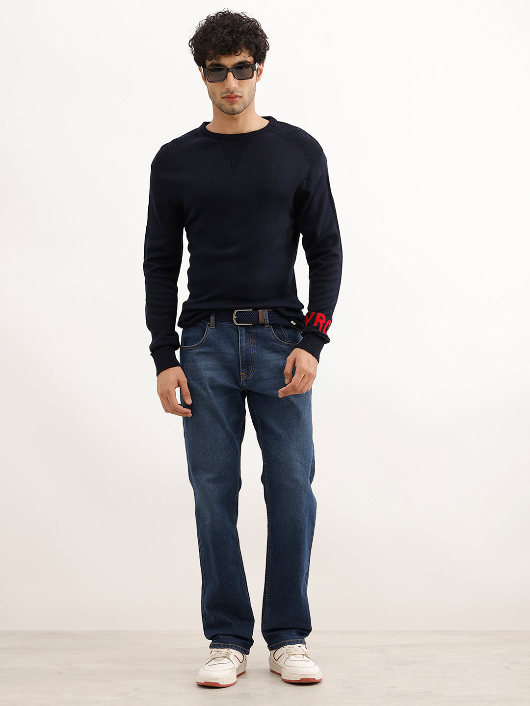 Solid Slim Fit Knitted Sweater | Navy Blue