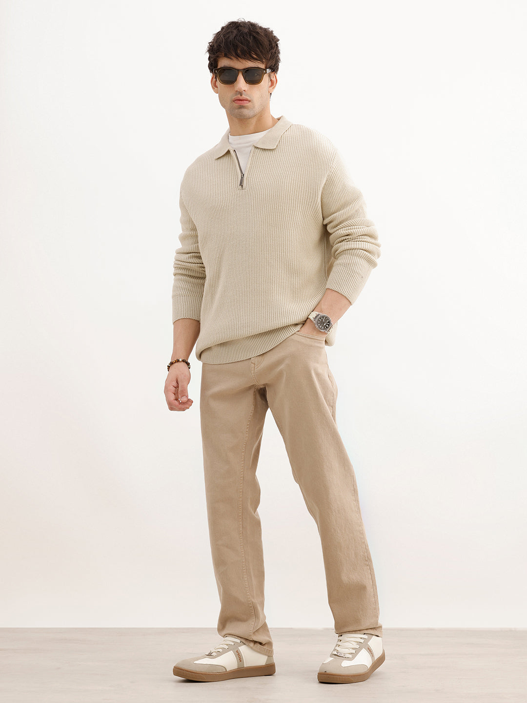 Solid Quater Zip Knitted Sweater | Beige | WSW02FSRE1068W