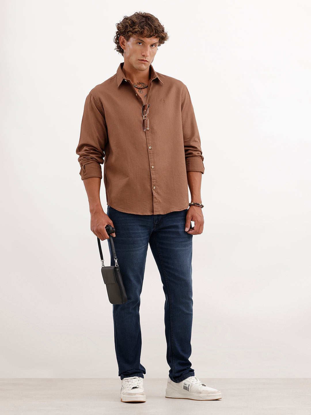 Textured Slim Fit Full Sleeve Shirt | Brown