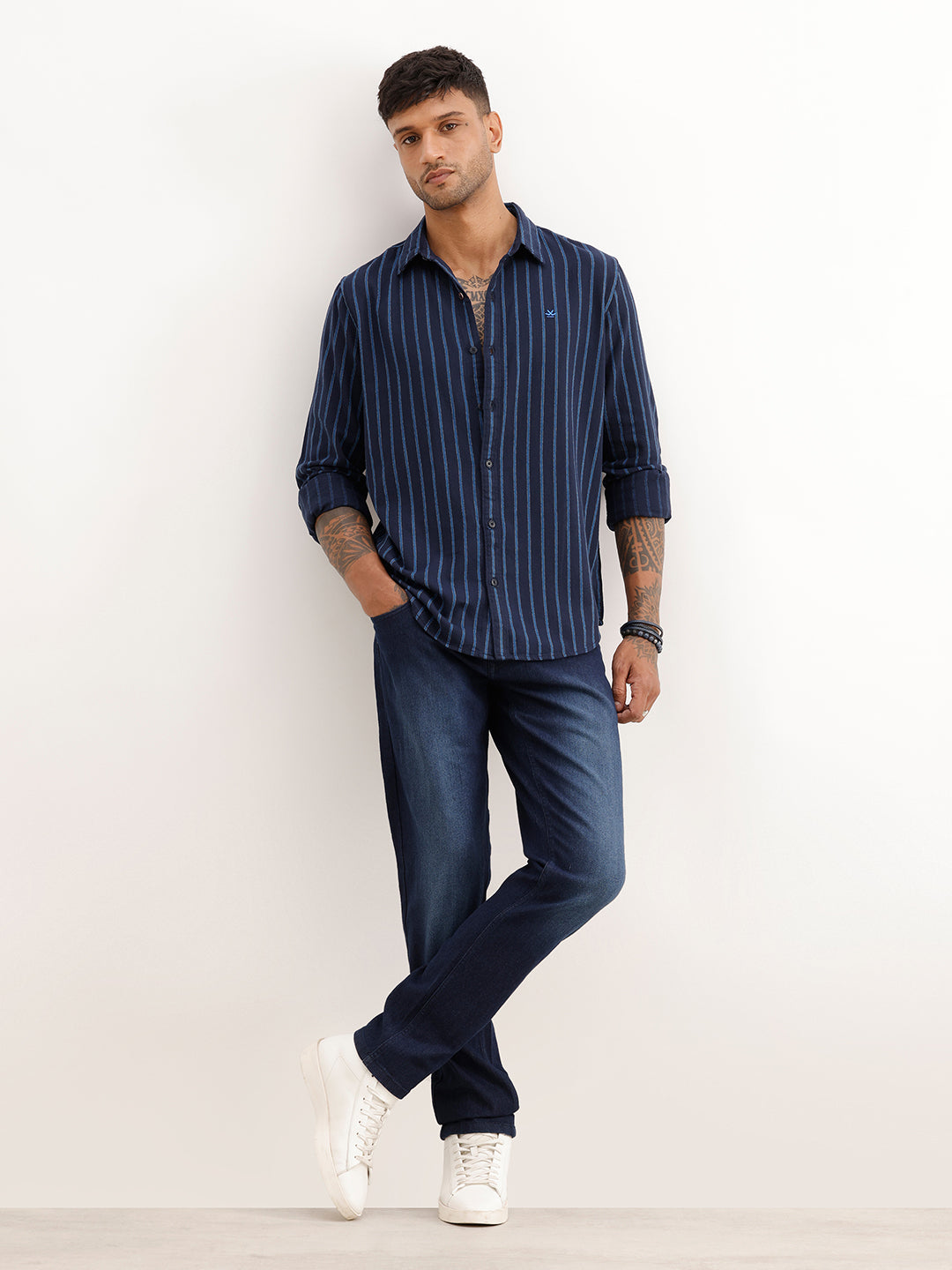 Regular Fit Striped Full Sleeve Shirt | Navy Blue