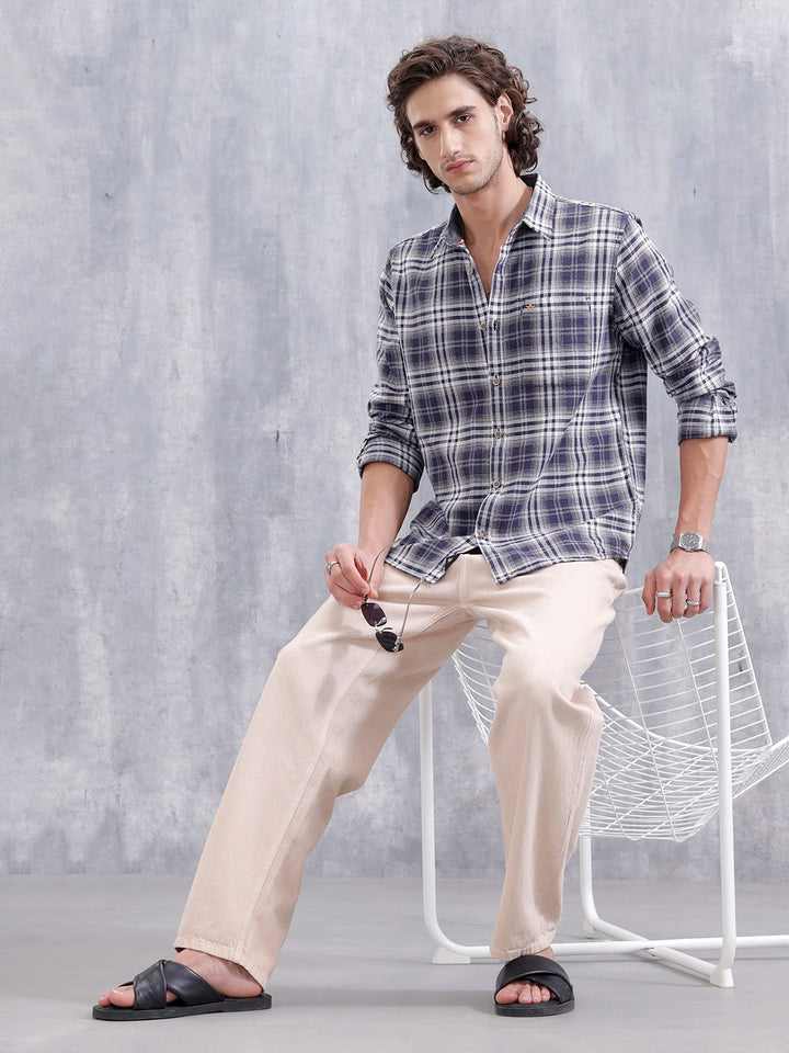 Textured Check Slim Fit Shirt | Navy Blue