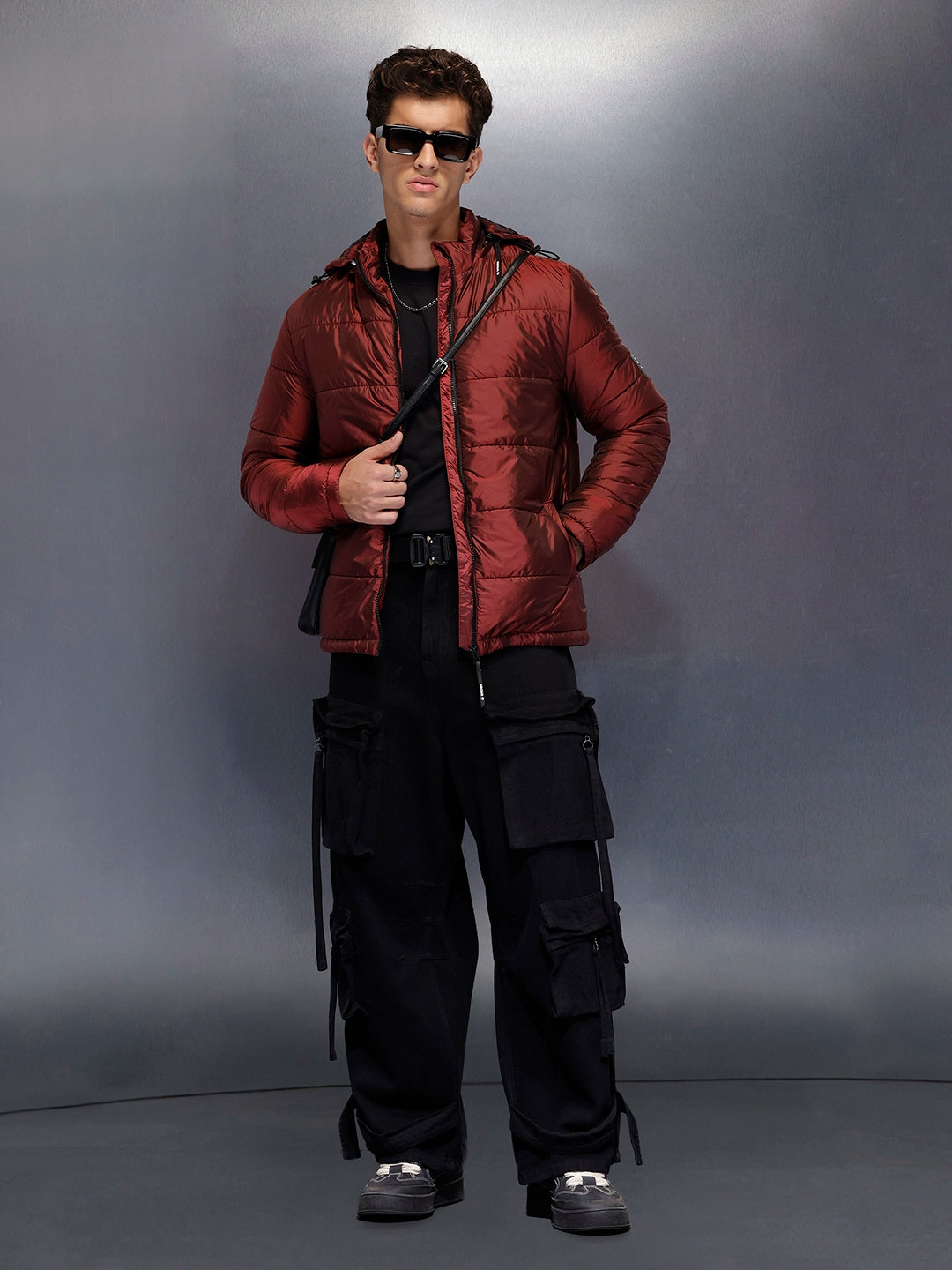 Metallic puffer jacket with hood | Wine