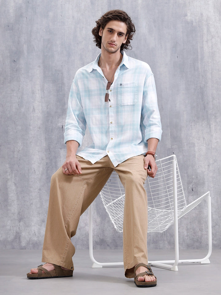Men’S Boxy Fit Checkered Pattern Shirt | White