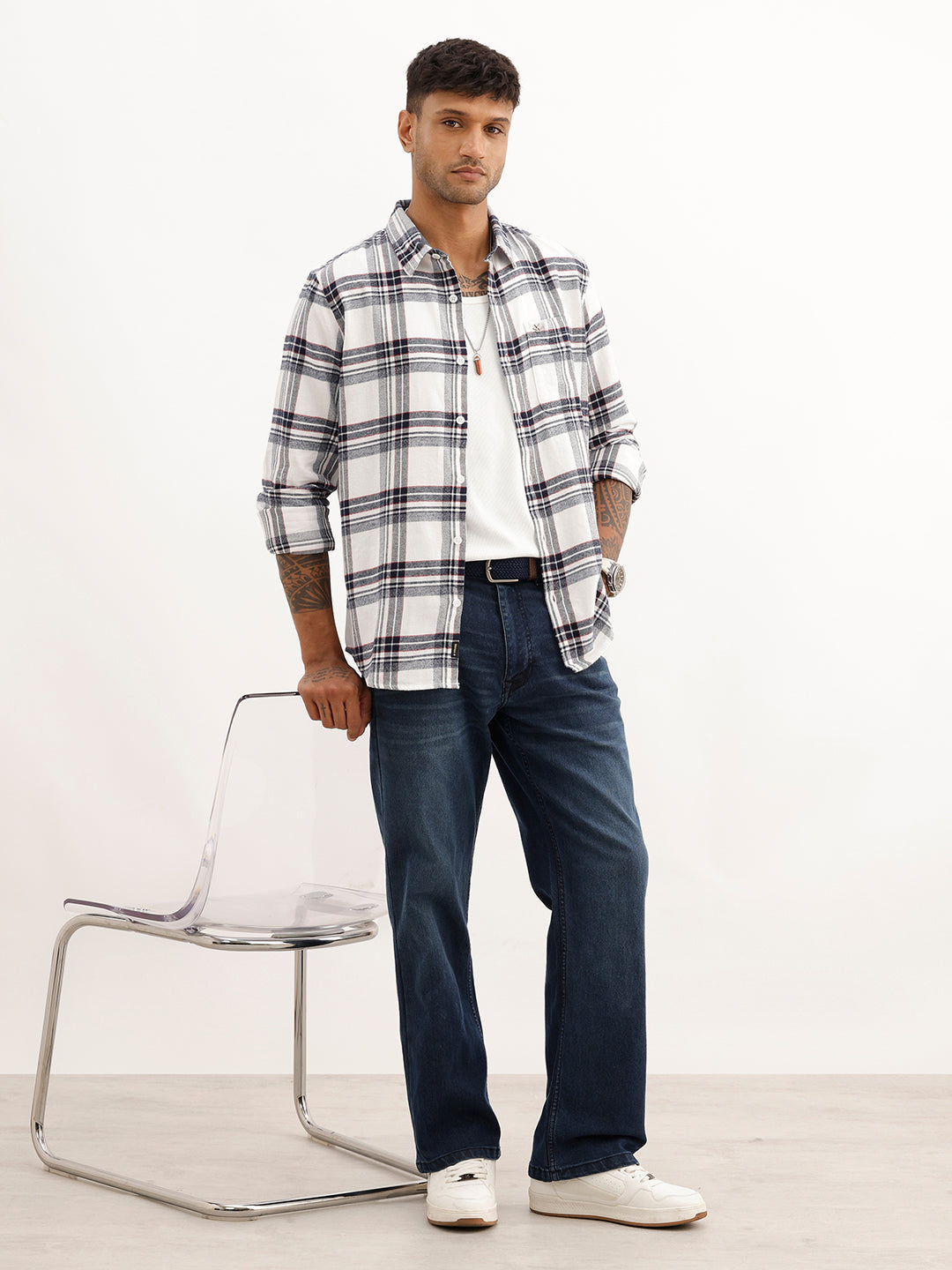 Slim Fit Checkered Full Sleeve Shirt | White
