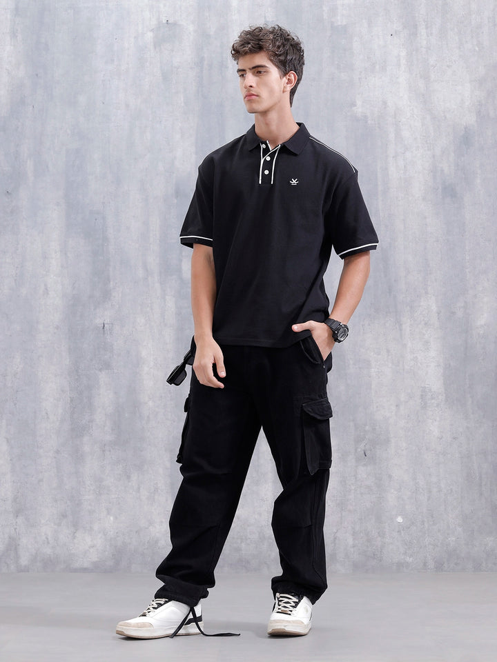 Oversized Polo T-Shirt With Contrast Trim Details | Black