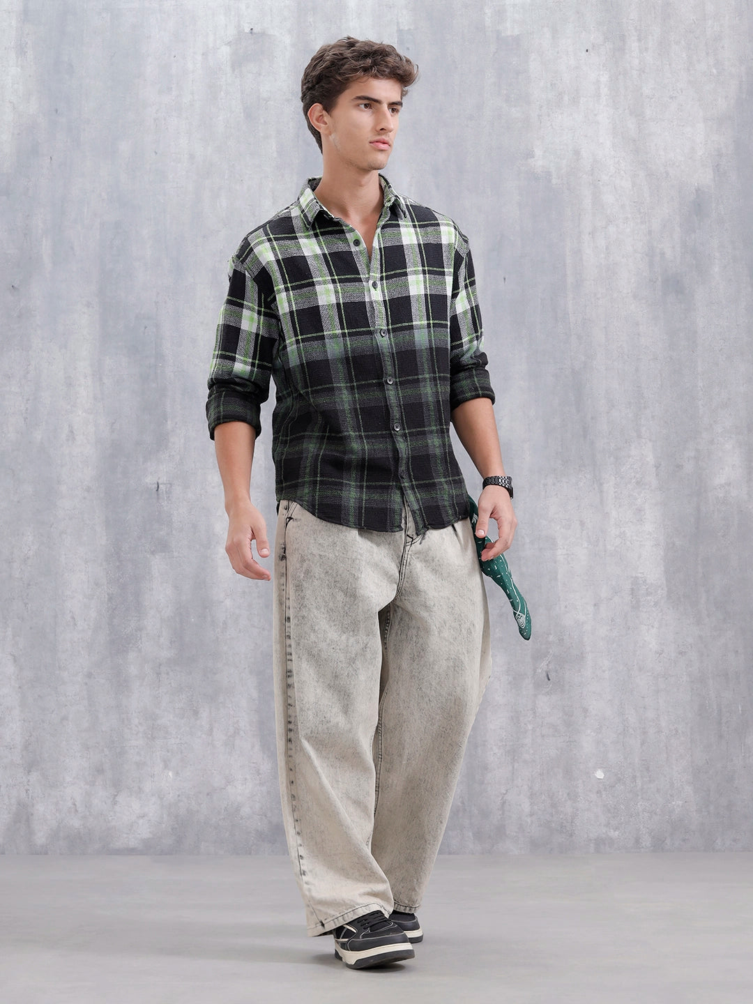 Men Checkered Pattern Oversized Fit Shirt | Black