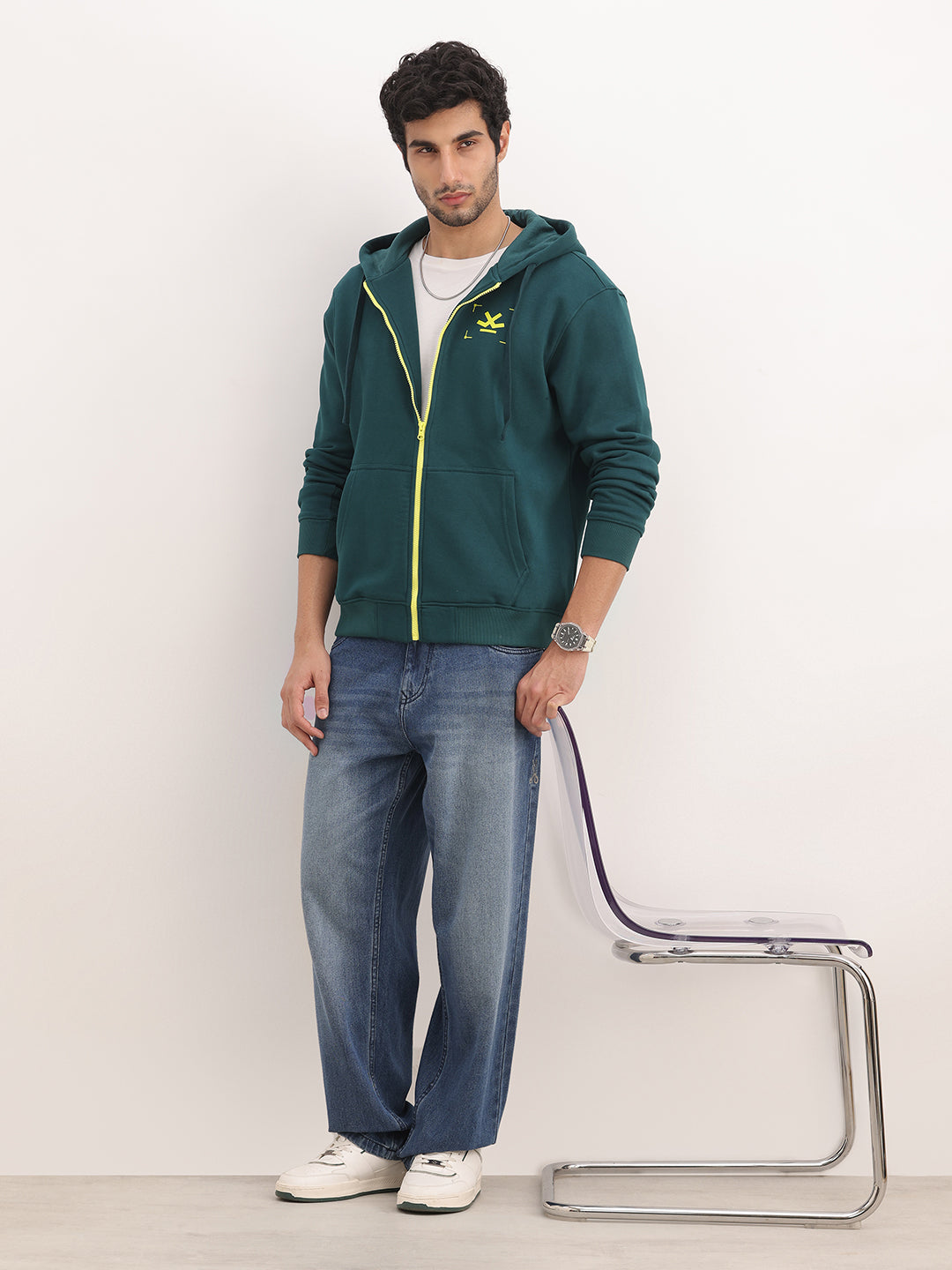 Solid Contrast Zipper Hooded Sweatshirt | Dark Green
