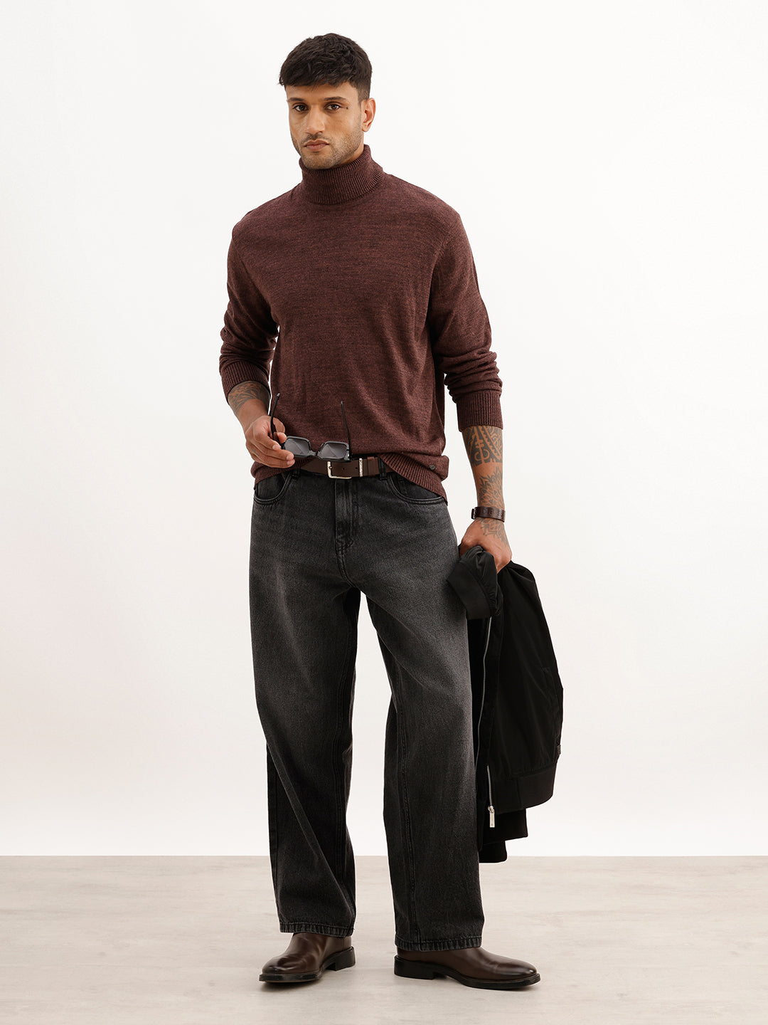 Solid Regular Fit Turtle Neck Sweater | Brown