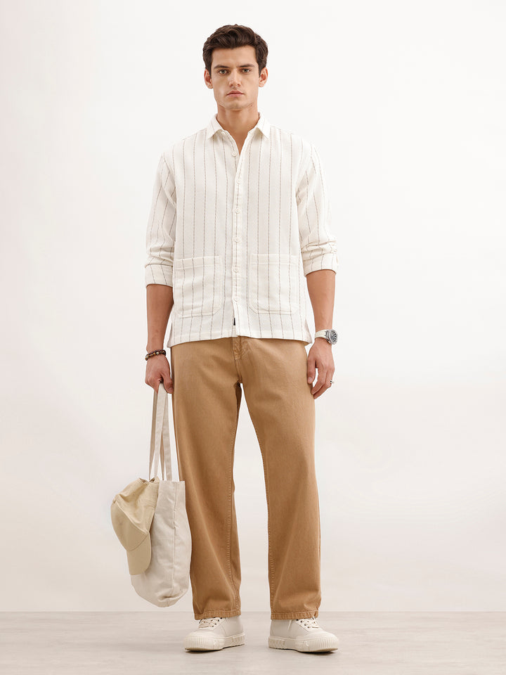 Comfort Fit Textured Striped Shirt  | Off White