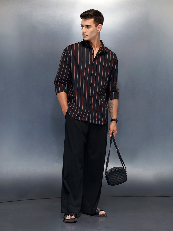 Men's Casual Oversized Fit Striped Pattern Shirt | Black