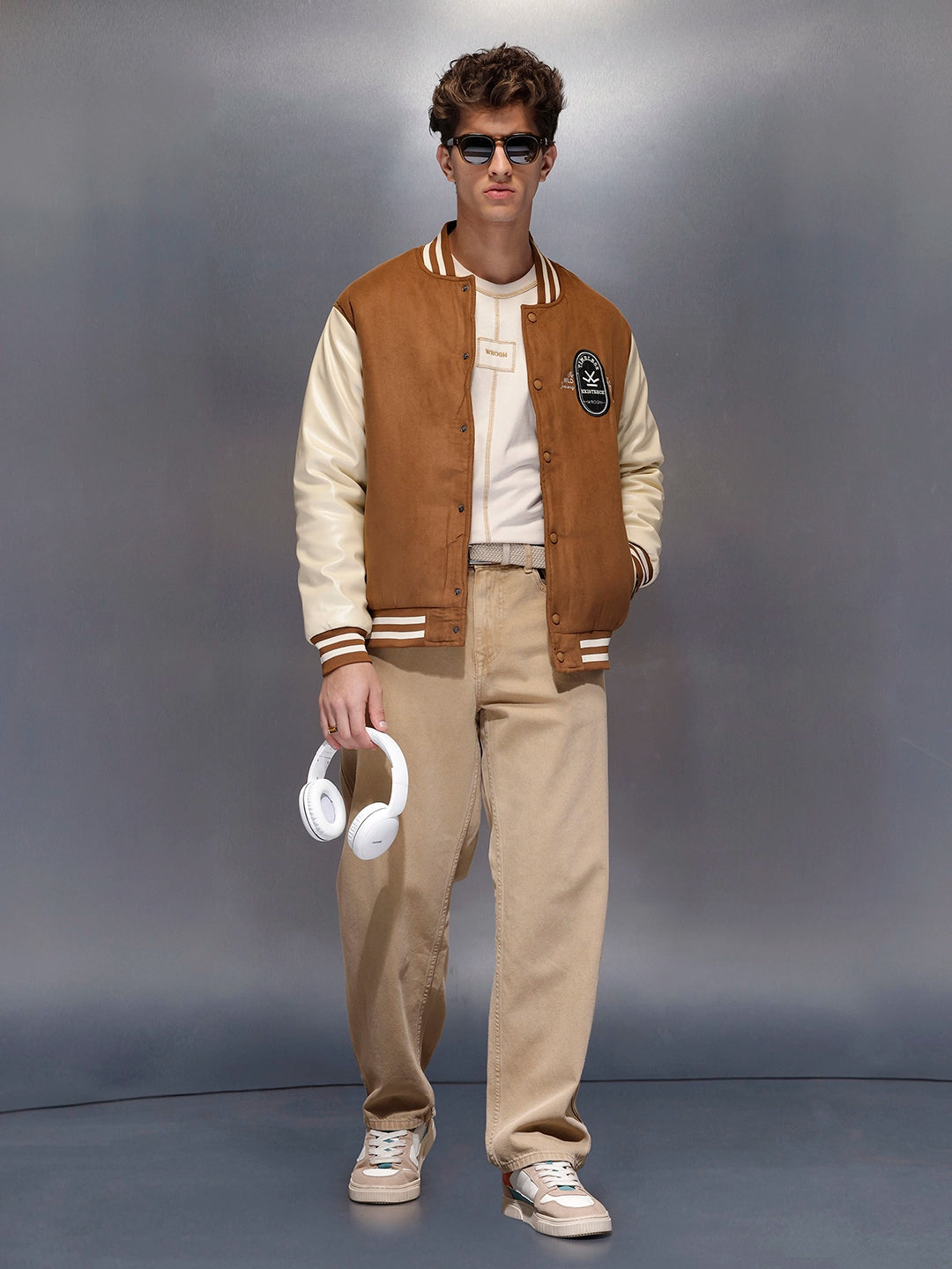Men’s Retro Tan Suede-Look Varsity Jacket | Brown