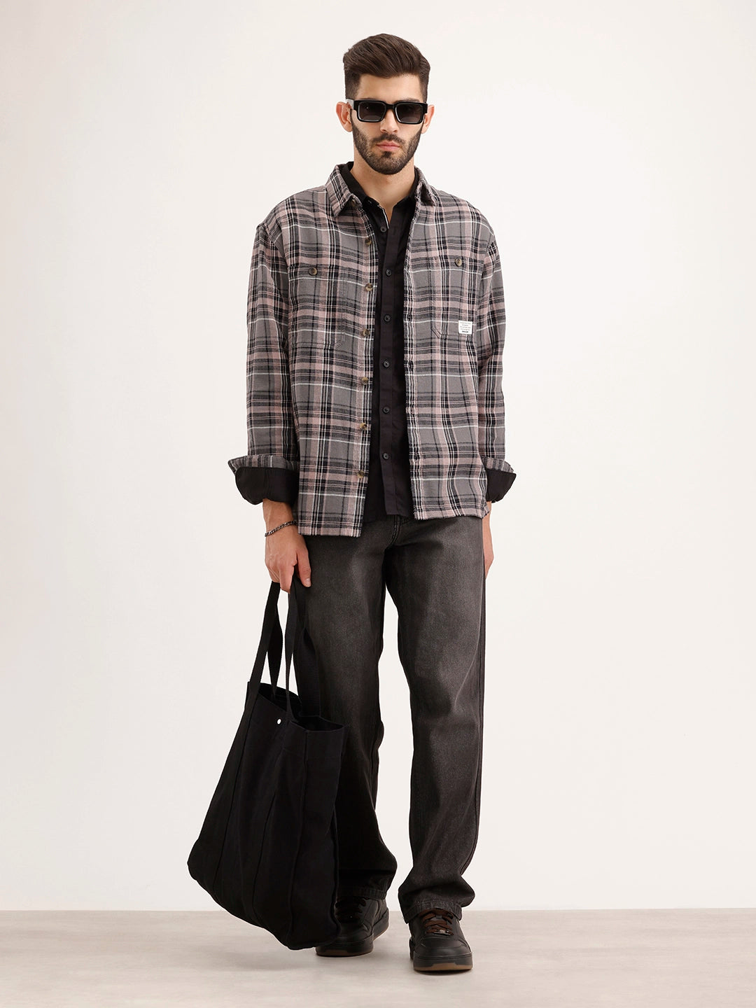 Textured Comfort Fit Double Pocket Checkered Shirt | Grey