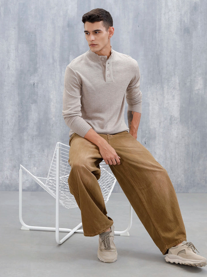 Men's Solid Slim Fit Pullover | Cream