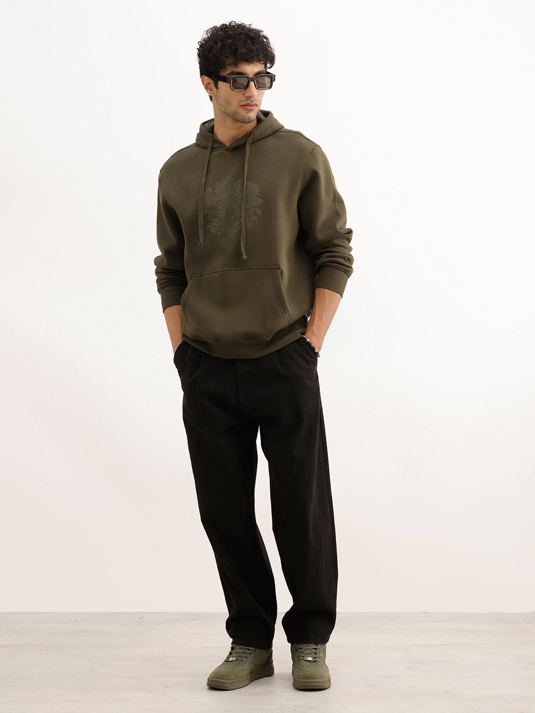 Solid Comfort Fit Flock Printed Hooded Sweatshirt | Olive
