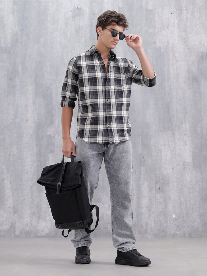 Mocklino Open Dobby Slim Fit Check Shirt | Grey