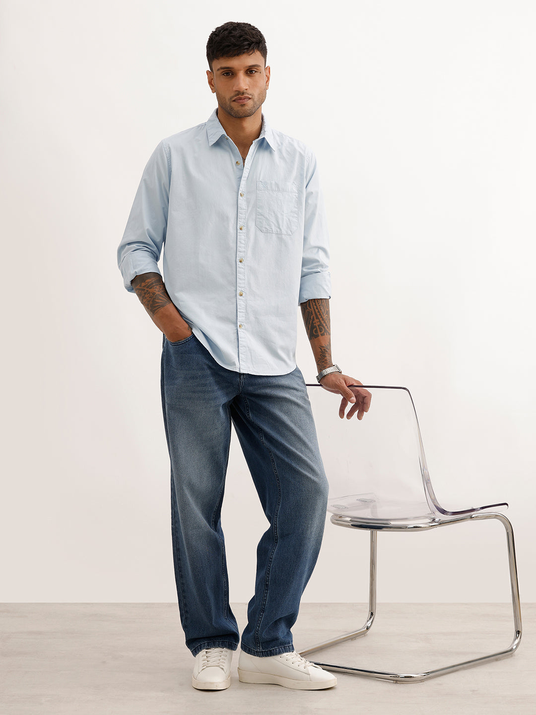 Solid Regular Fit Full Sleeve Shirt | Light Blue