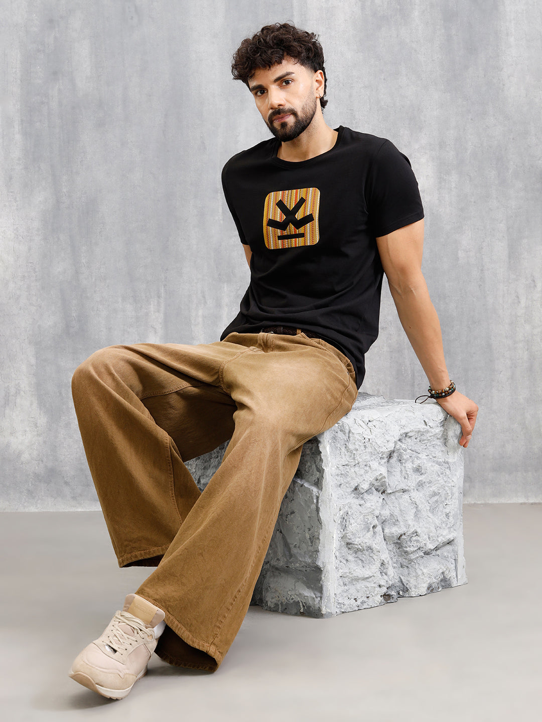 Textured Laser Cut Transfer Print Brand Carrier Crew Neck T-Shirt | Black