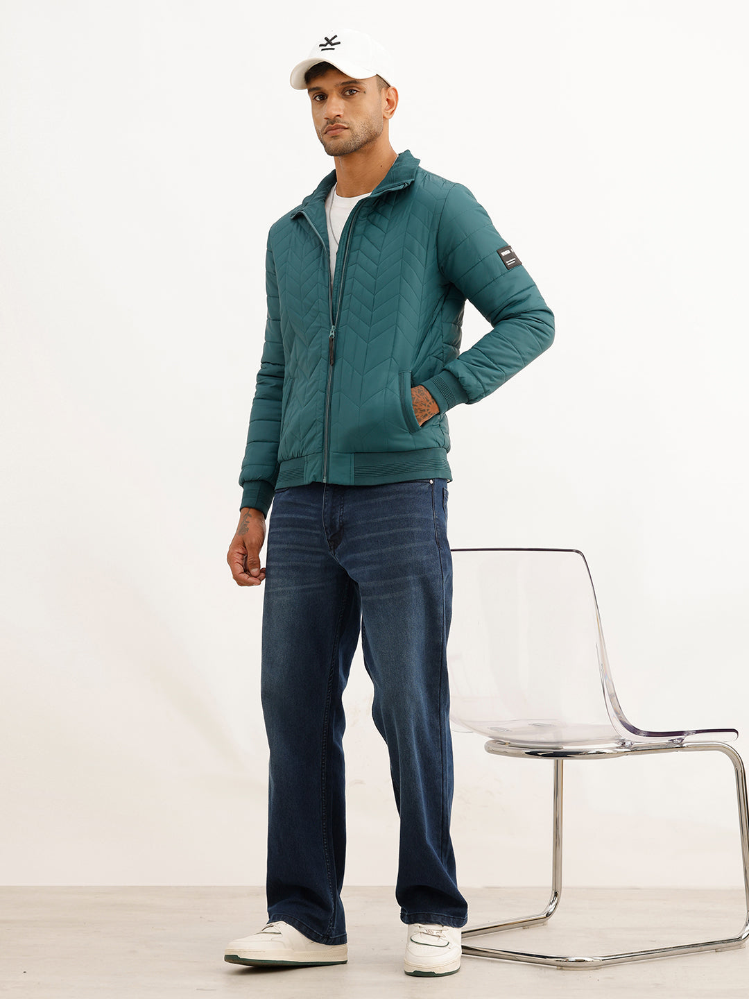 Solid Regular Fit Puffer Jacket | Dark Green