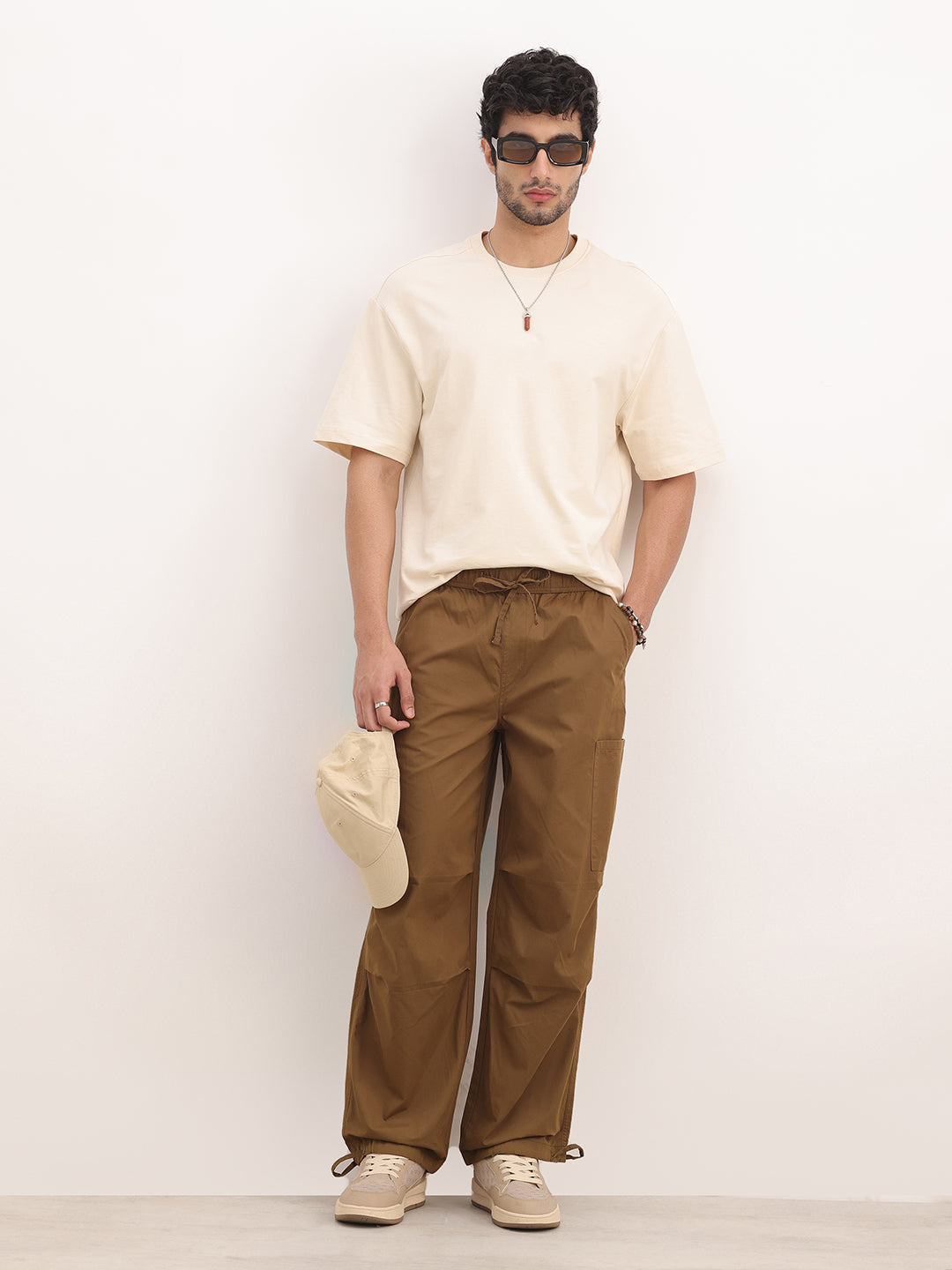 Solid Loose Fit Cargo Trousers | Khaki