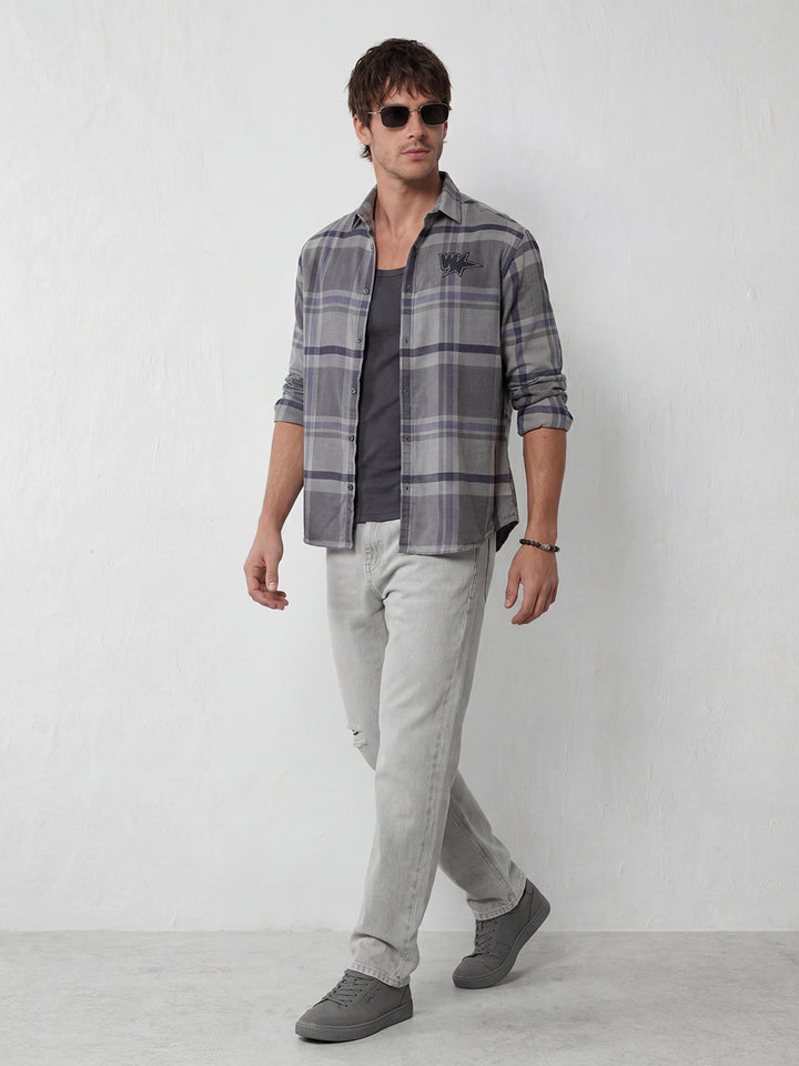Oversized Placement Printed Checkered Shirt | Grey