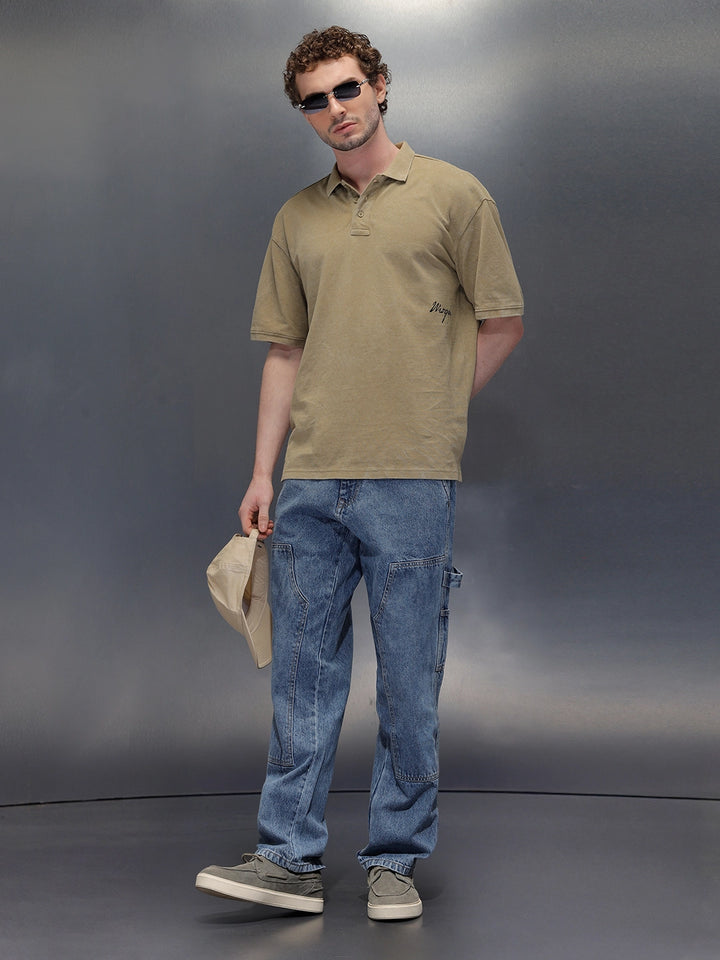 Washed Polo Neck Oversized T-Shirt With Branding | Khaki