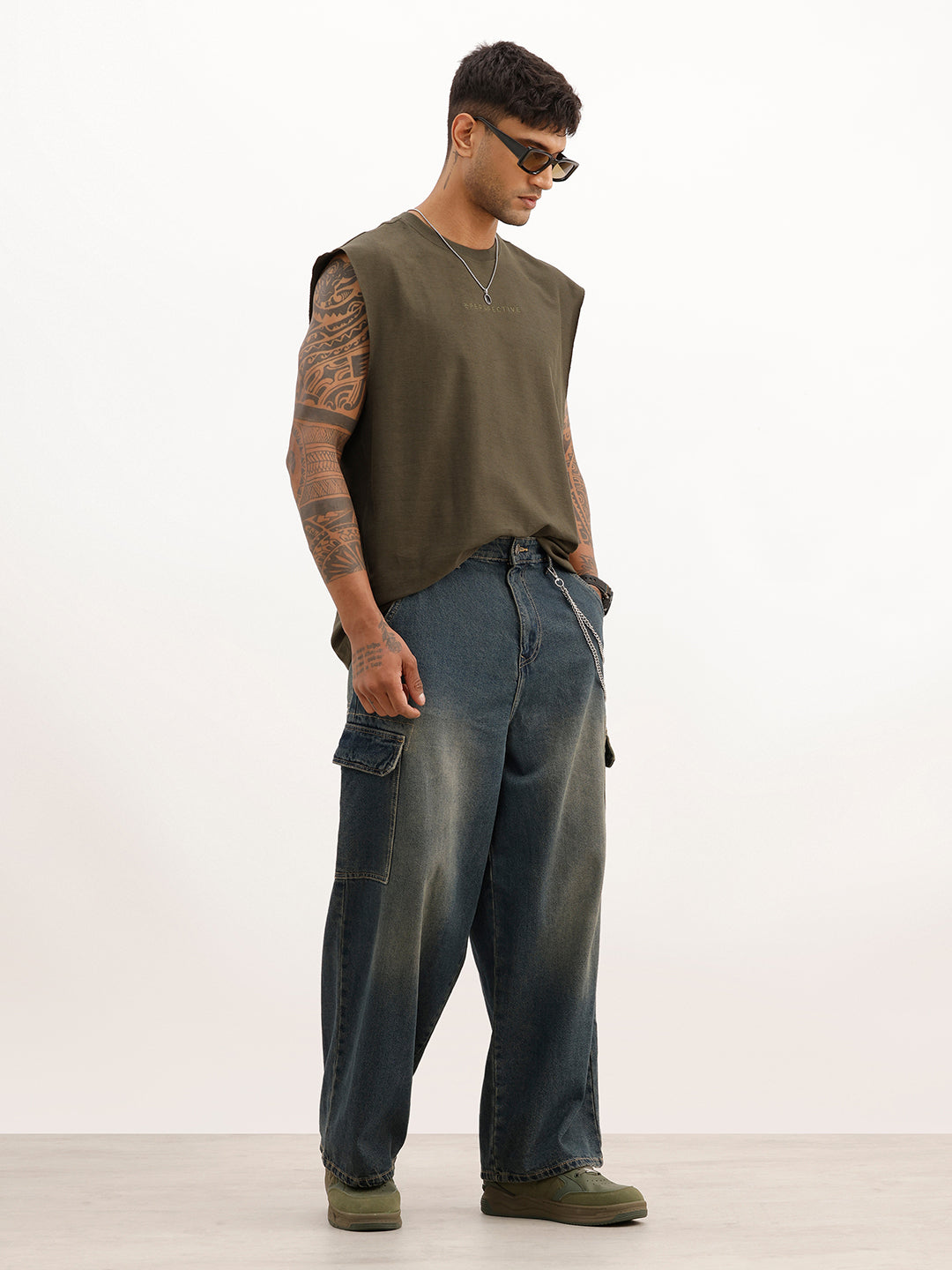 Oversized Cut Off Sleeve T-Shirt | Olive