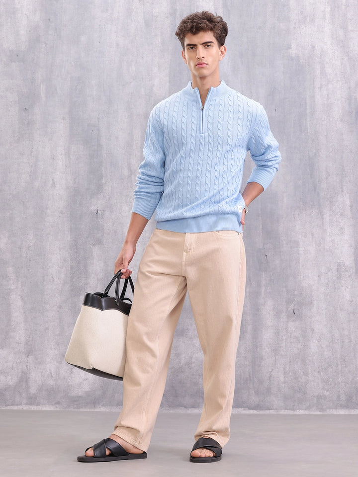 Soft Pastel Blue Cable Knit Half Zipper Pullover | Light Blue