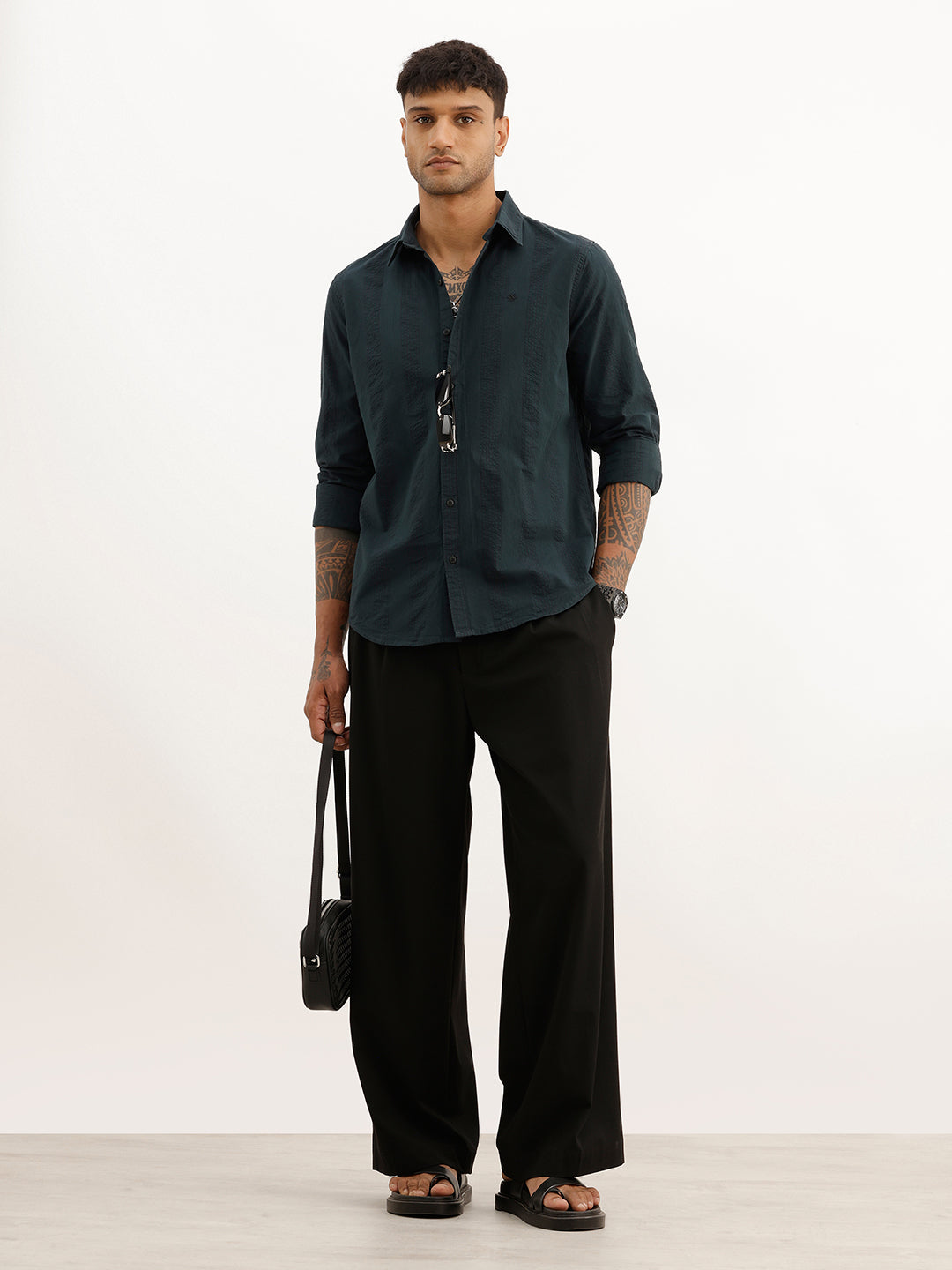 Slim Fit Textured Stripe Shirt | Dark Green