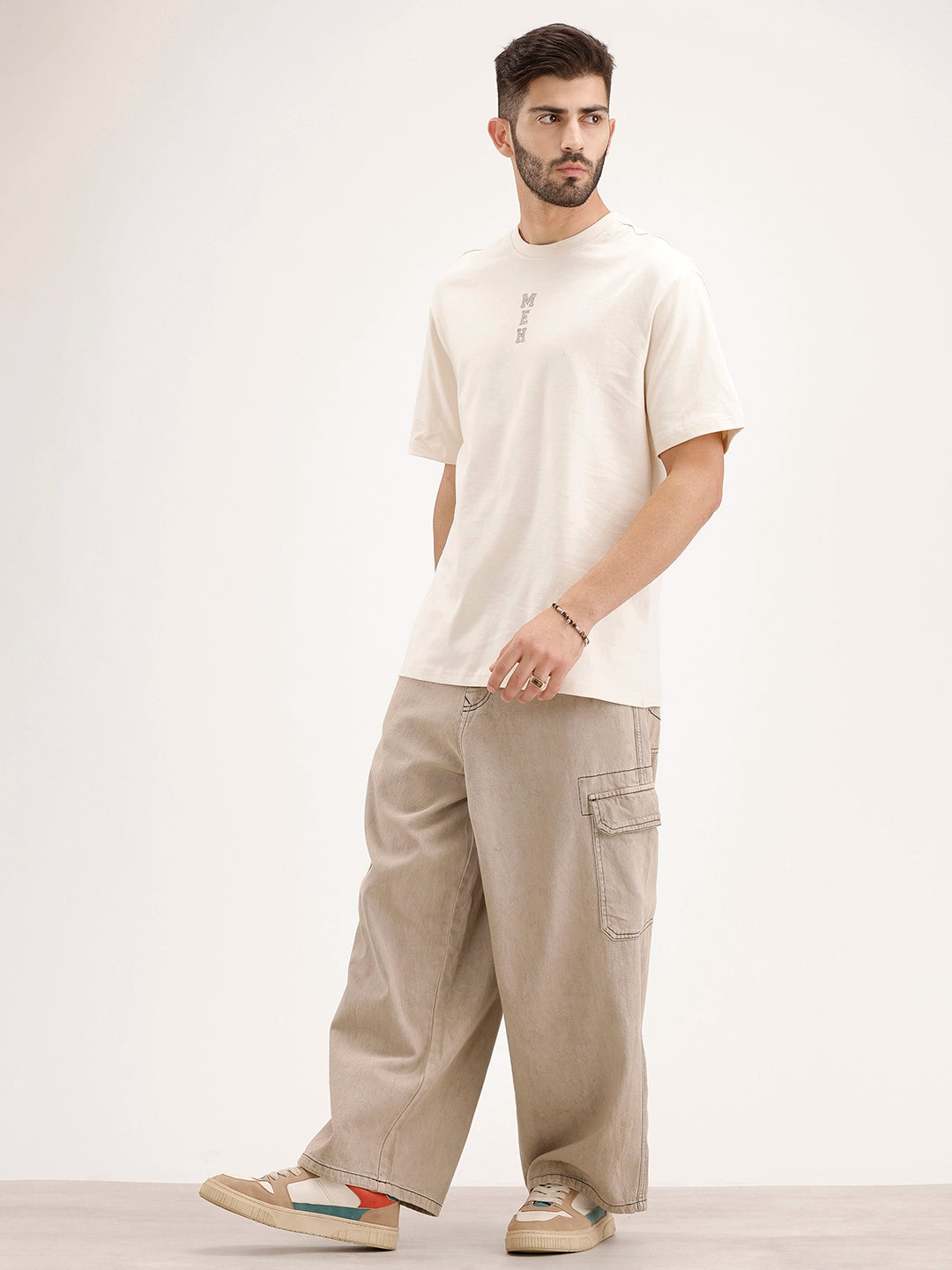 Oversized Embrodered Patch Detail T-Shirt | Beige