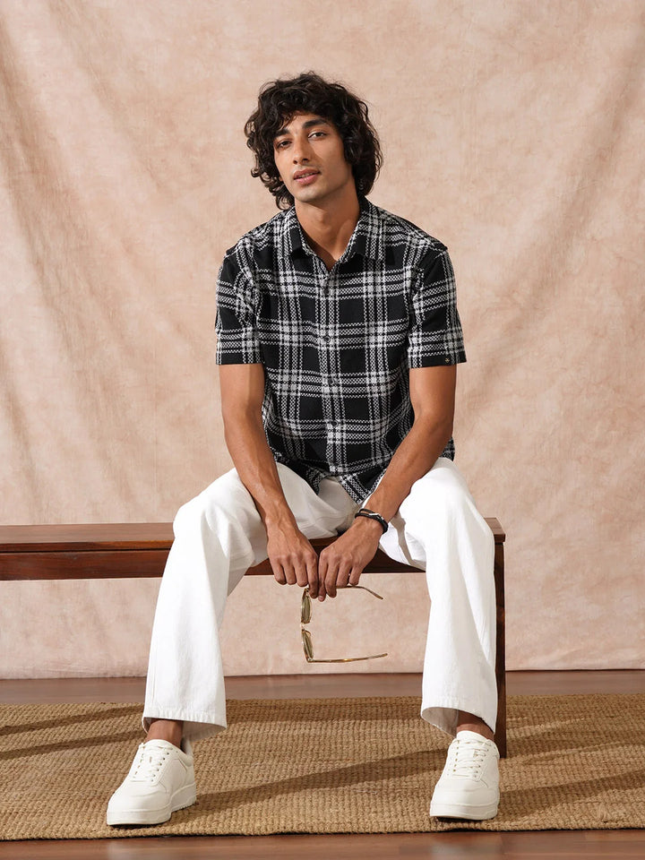 Textured Checks Comfort Fit Shirt | Black