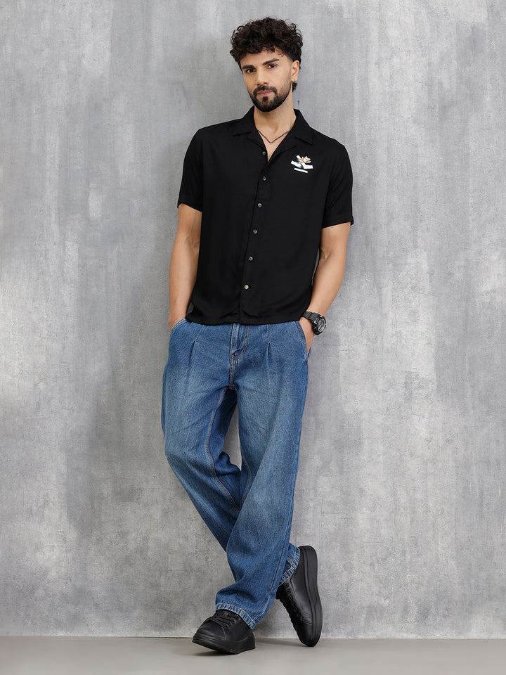 Fluid Resort Collar Shirt With Surreal Back Print | Black