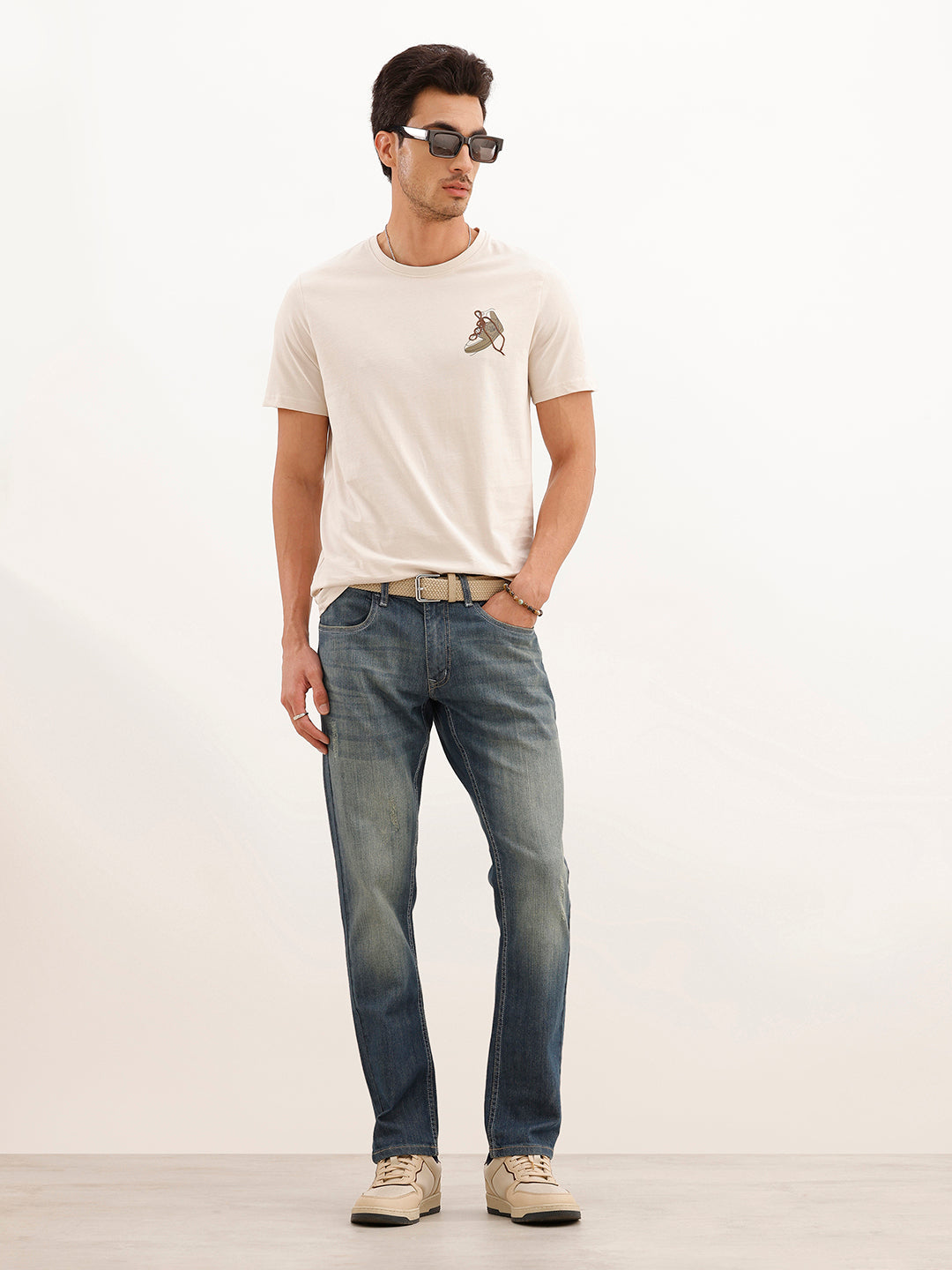 Slim Fit Emroidered Patch Detail T-Shirt | Beige