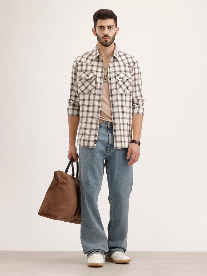 Slim Fit Double Pocket Checkered Shirt | Beige