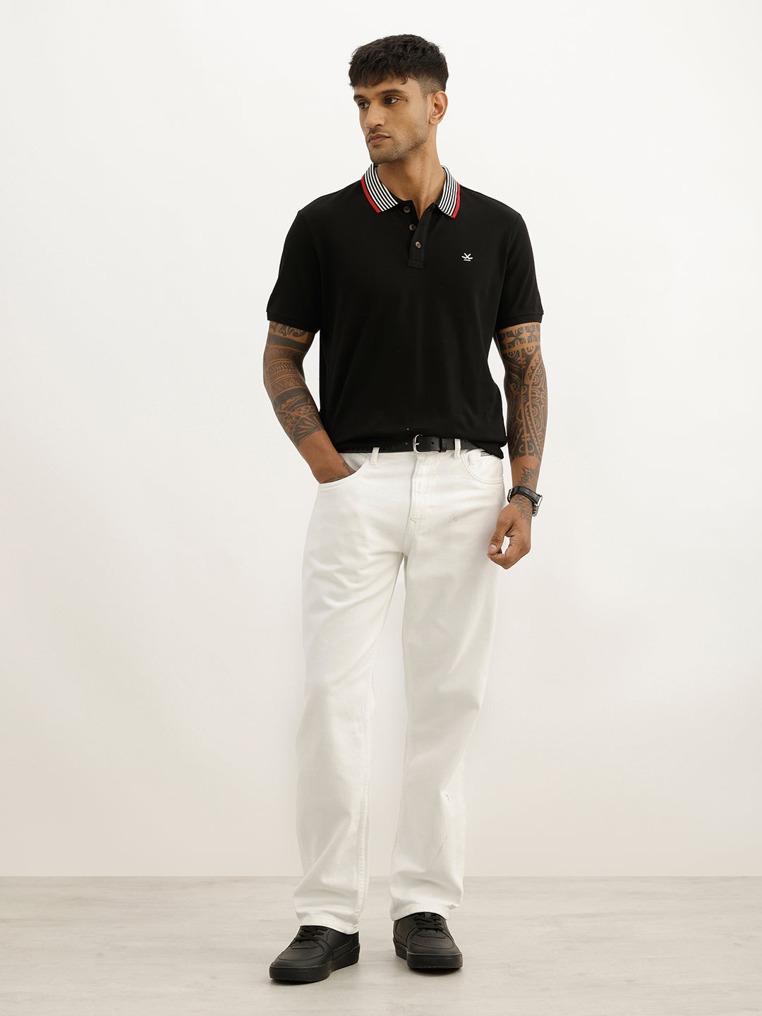 Slim Fit Contrast Collar Polo T-Shirt | Black