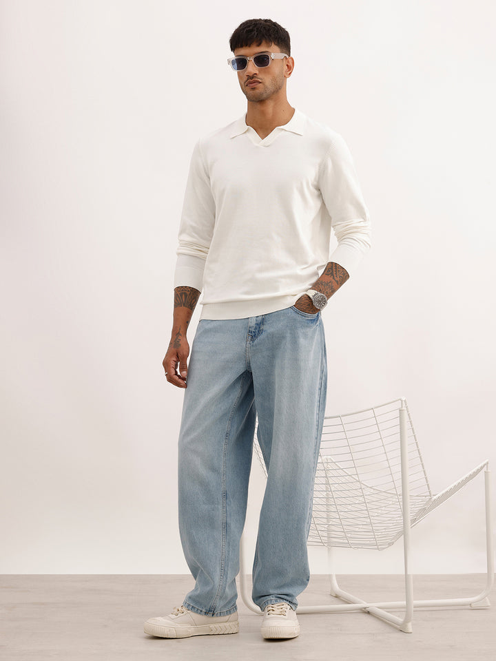 Solid Slim Fit Full Sleeve Polo T-Shirt | Off White
