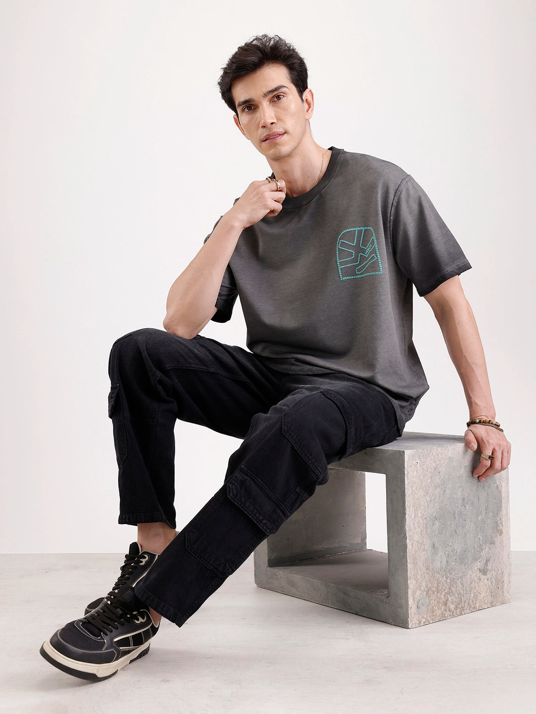 Washed Puff Printed Oversized T-Shirt   |  Black