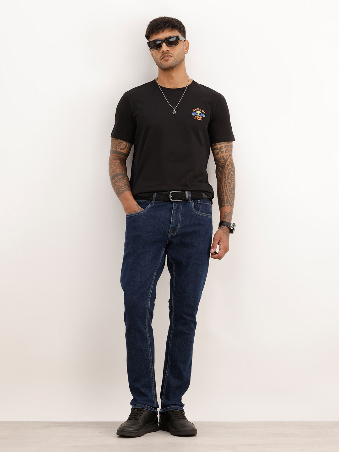 Slim Fit Contrast Stitch Denim Jeans | Dark Blue