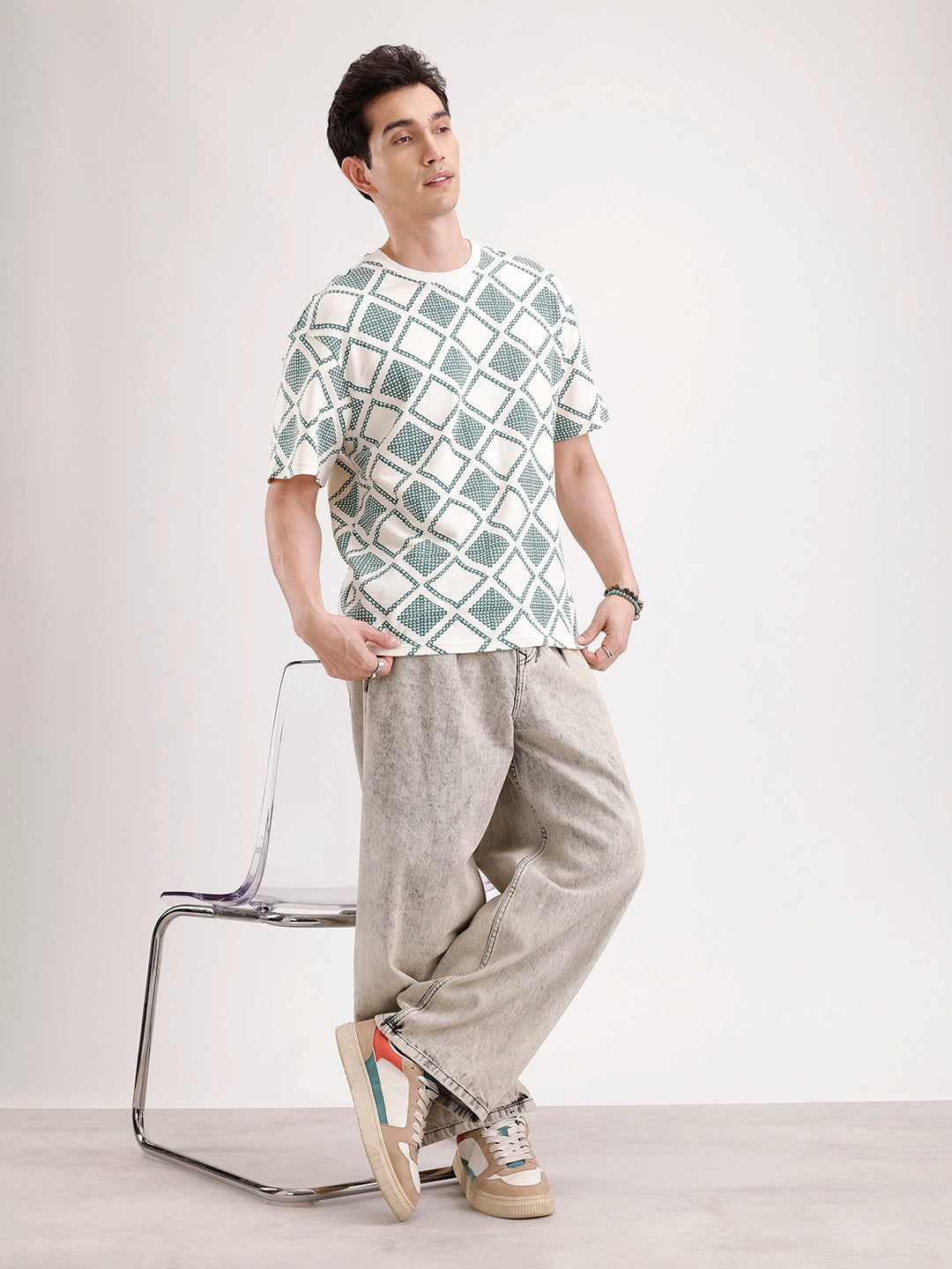 Oversized Popcorn Textured AOP T-Shirt | Olive