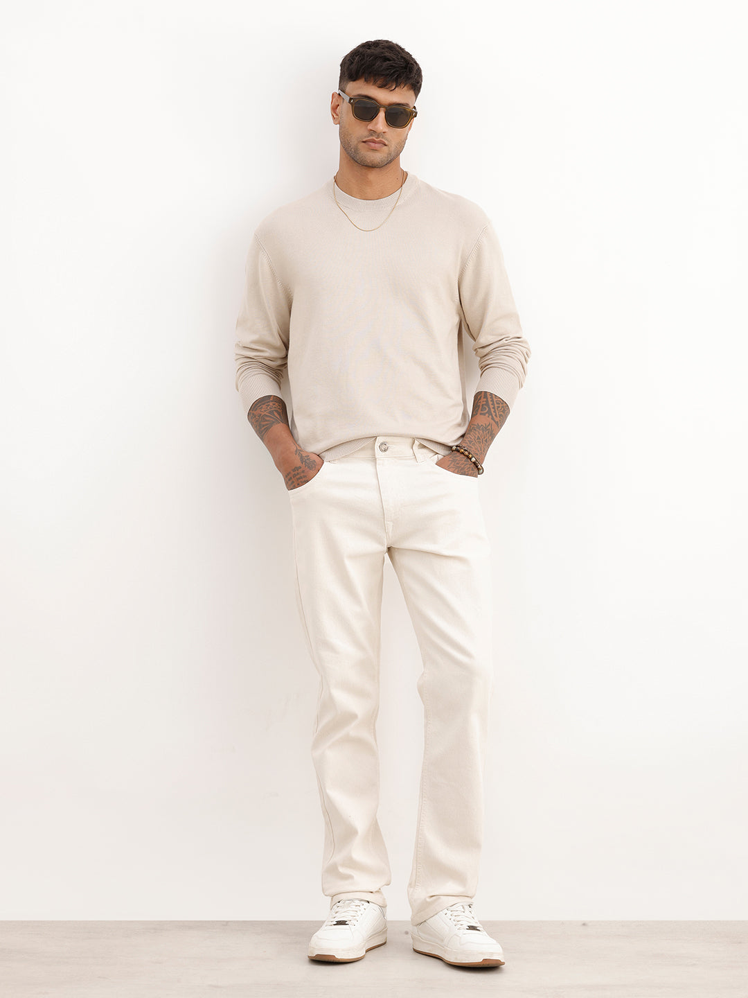 Solid Comfort Fit Full Sleeve Sweater | Beige