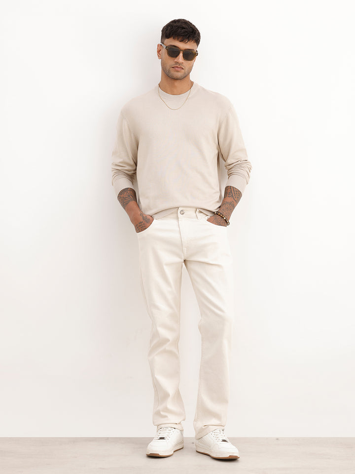 Solid Comfort Fit Full Sleeve Sweater | Beige