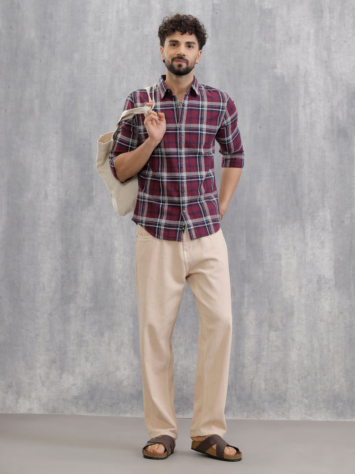 Slim Fit Check Shirt In Special Slub Weave | Maroon