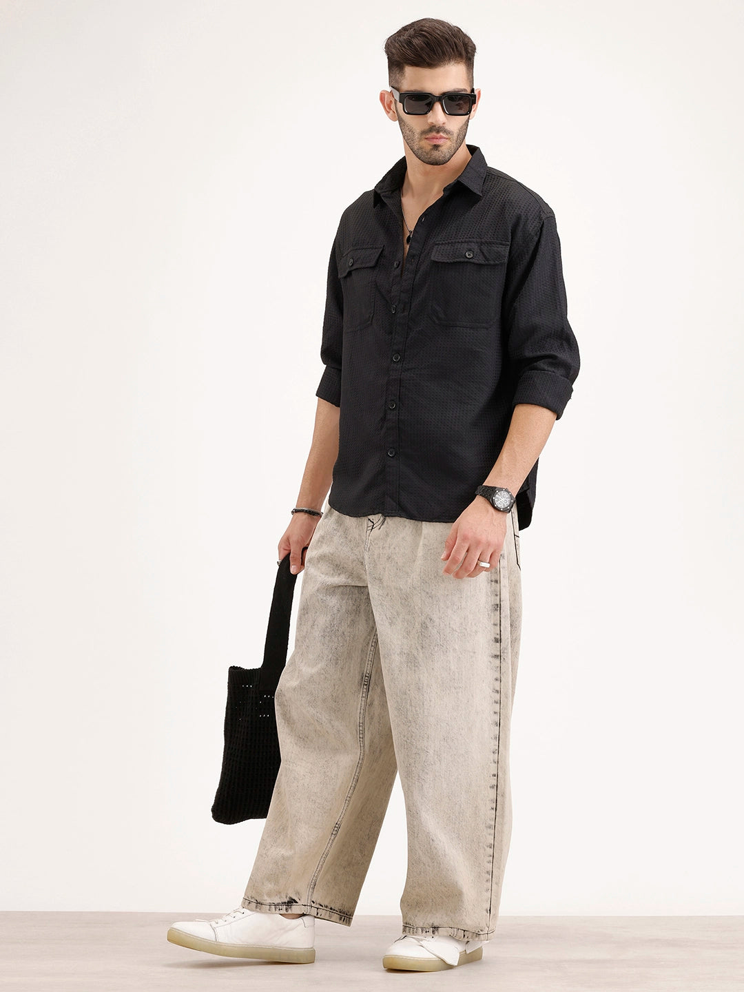 Oversized Fit Double Pocket Textured Shirt | Black