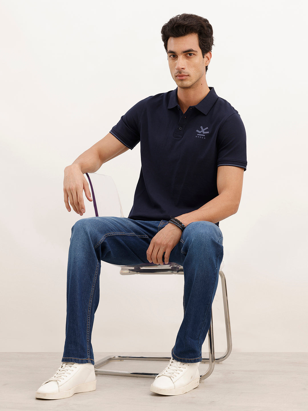 Solid Placement Printed Polo T-Shirt | Navy Blue