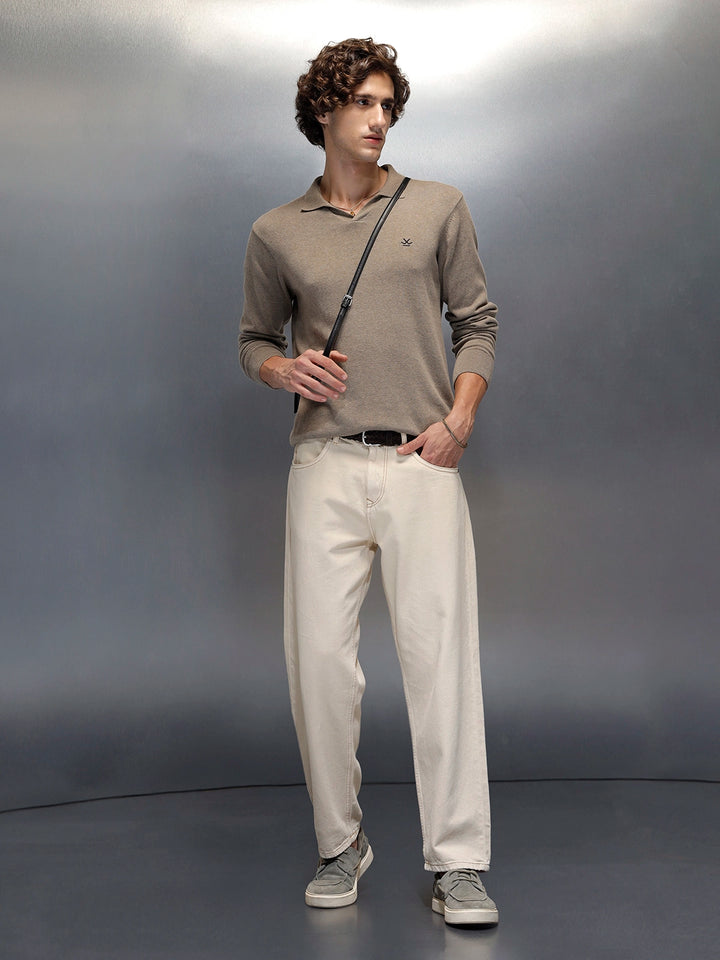 Wrogn Men's Casual Loose Fit Jeans with Contrast Stitch Detail | Khaki