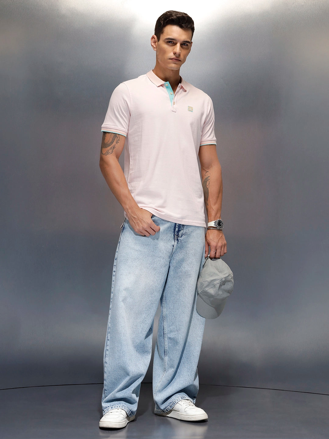 Men's casual slim fit polo t-shirt with contrast detail  | Pink